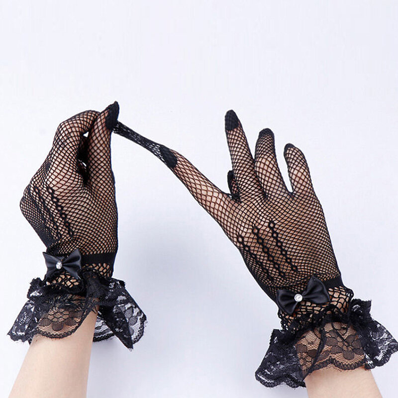 Женские черные, белые сетчатые ажурные перчатки, элегантные женские короткие кружевные перчатки, летние перчатки для вождения с защитой от ультрафиолета, перчатки с закрытыми пальцами