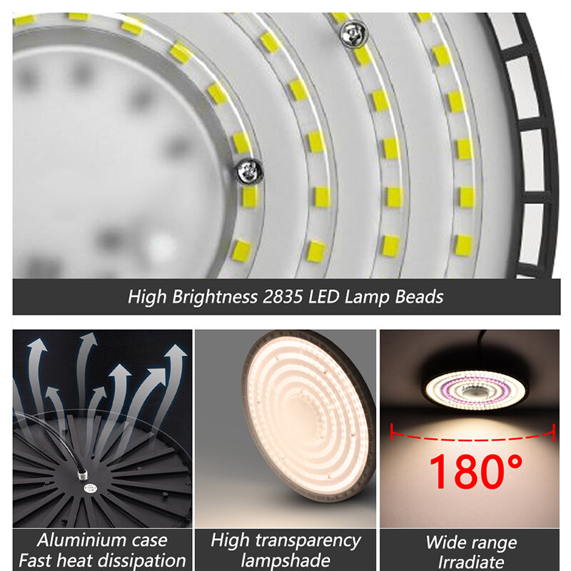 Luz LED UFO de alto brillo, lámpara de iluminación impermeable IP65, 100W, 150W, 200W, AC220V, carcasa de aluminio, 4000K, luz neutra/6500K, blanco frío