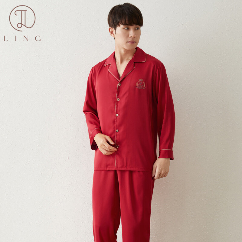 Ling set piyama lengan panjang pria, 2 buah pakaian tidur santai sutra Satin pria, set gaya sampel 2 potong pinggang elastis