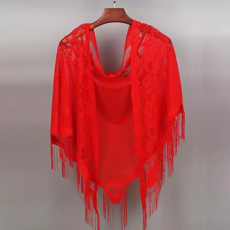 Lace Triangular Scarf Thin Shawl with Hollowed Out Solid Color Tassels Breathable Fashionable Elegant and Noble Outerwear Y397