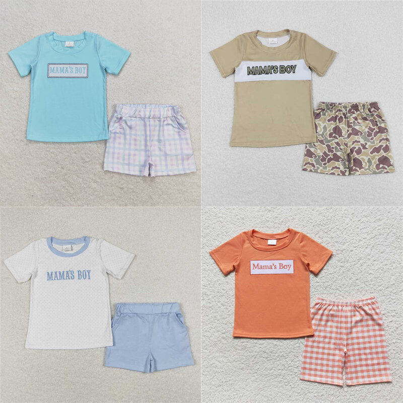 Roupas para bebês com letras bordadas, boutique ocidental, manga curta, shorts xadrez coloridos, atacado, venda quente