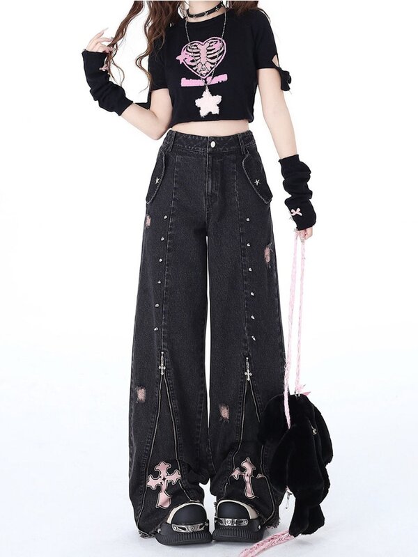 HOUZHOU Y2k Vintage Gothic Baggy Jeans Wanita kebesaran gaya Jepang celana Denim Fashion Korea Harajuku Streetwear celana