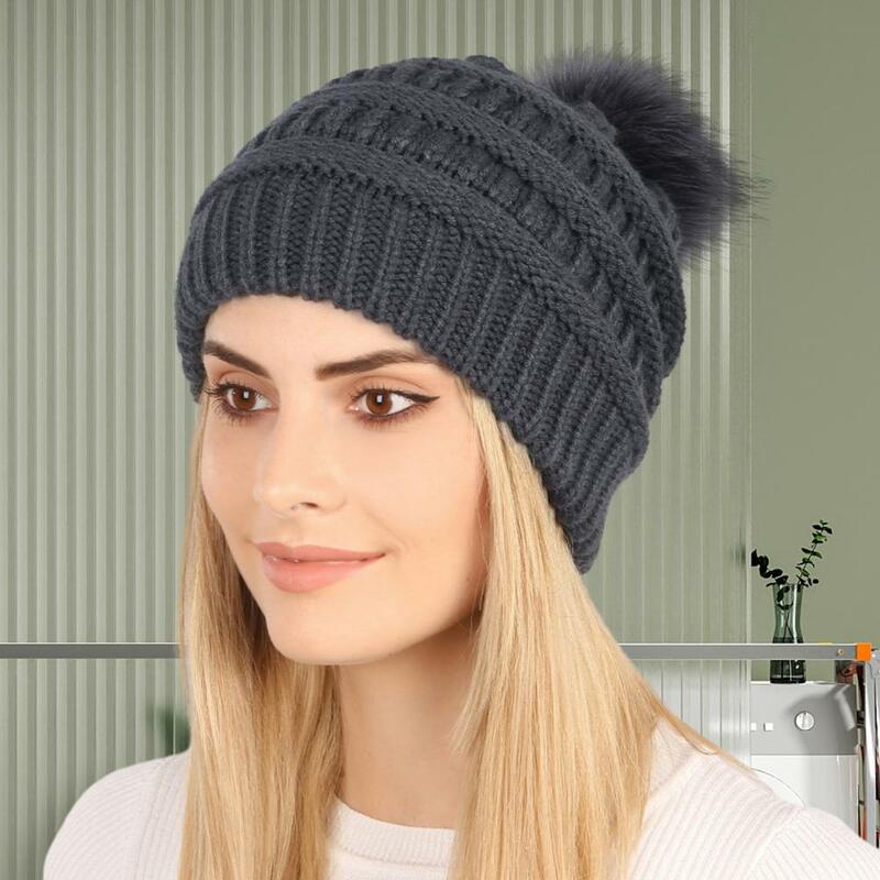 Cozy Winter Accessory Cozy Knitted Women's Hat with Plush Ball Decor Warm Windproof Anti-slip Lady Beanie for Outdoor Protection