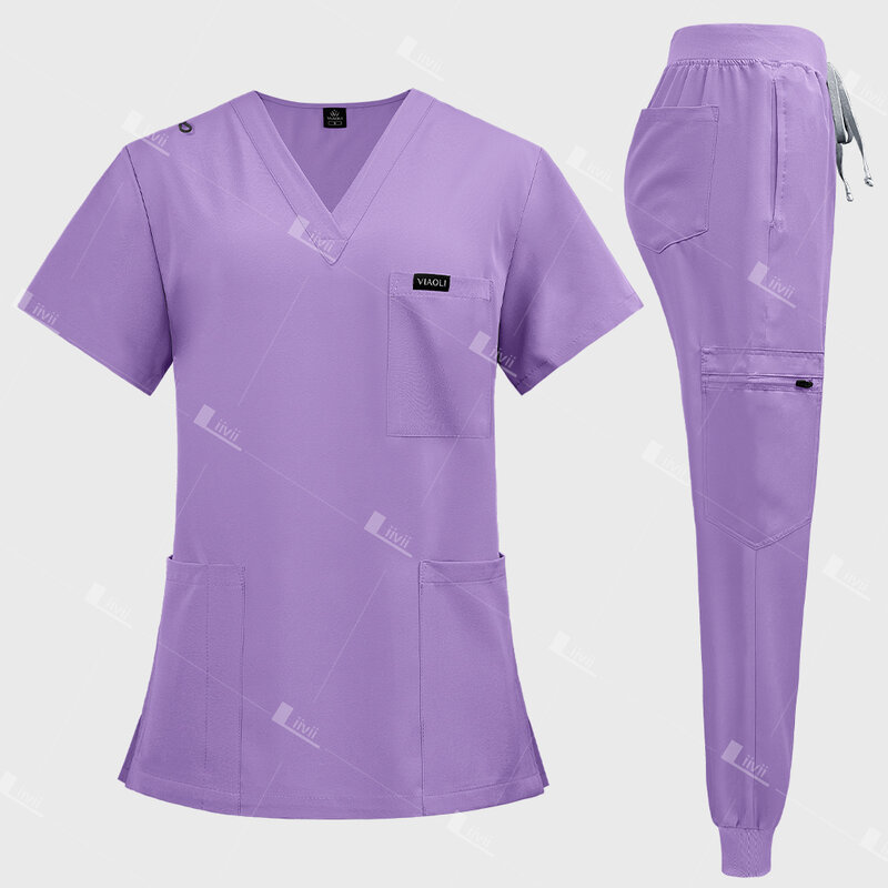 Mulheres manga curta v-Neck Jogger ternos, trabalhando uniformes médicos, uniforme hospitalar, enfermeira e farmácia, uniforme de enfermagem, Casual, atacado