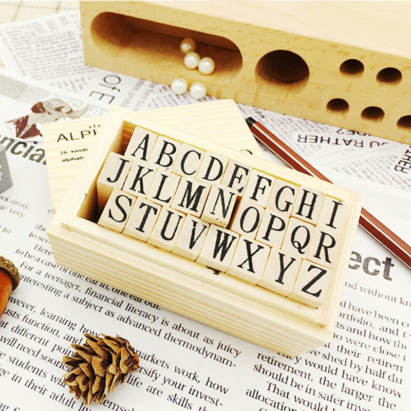 Sellos ABC de madera para manualidades, sellos de goma montados en madera para hacer álbumes de recortes, 26 piezas
