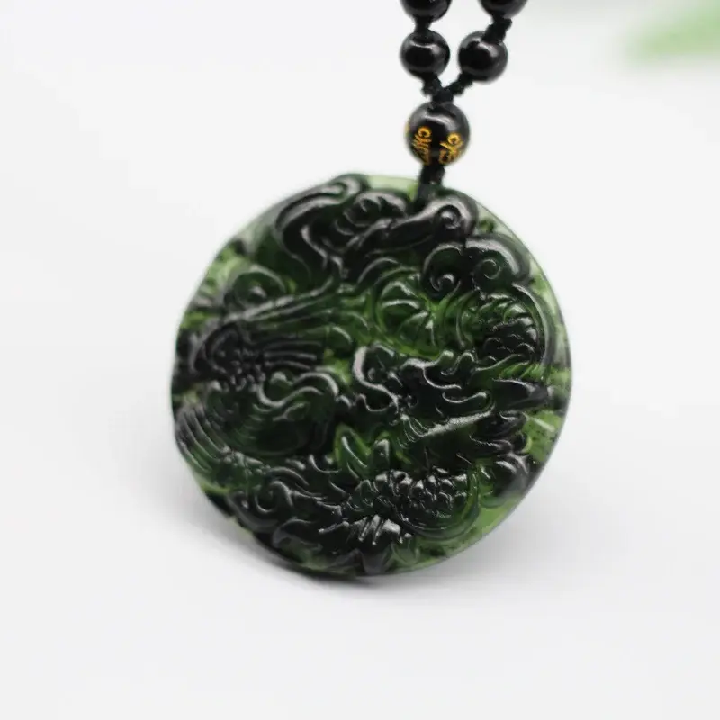 Chiński naturalny czarny zielonego jadeitu smok wisiorek feniks naszyjnik moda urok biżuteria ręcznie rzeźbione Amulet na szczęście łańcuch sweter