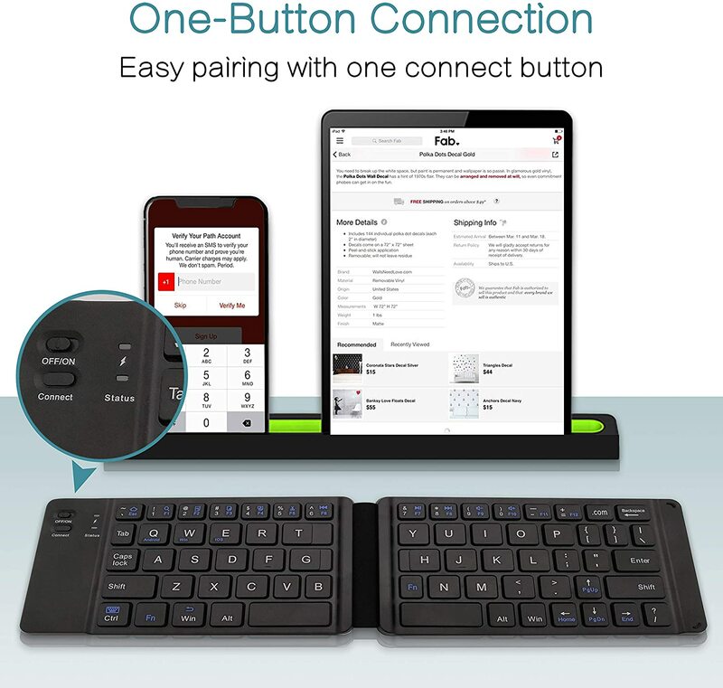 Portátil Mini Teclado Bluetooth Dobrável, Teclado sem fio recarregável, Adequado para Mac, iOS, PC, Tablet, Laptop