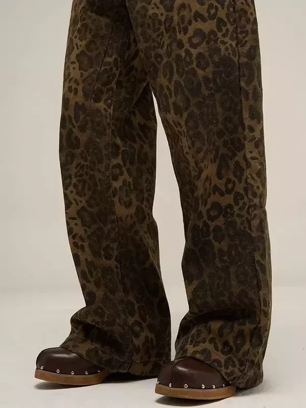 HOUZHOU-Jeans leopardo feminino, calças jeans, grandes, calças de perna larga, streetwear, hip-hop, roupas vintage, solto, casual, tan