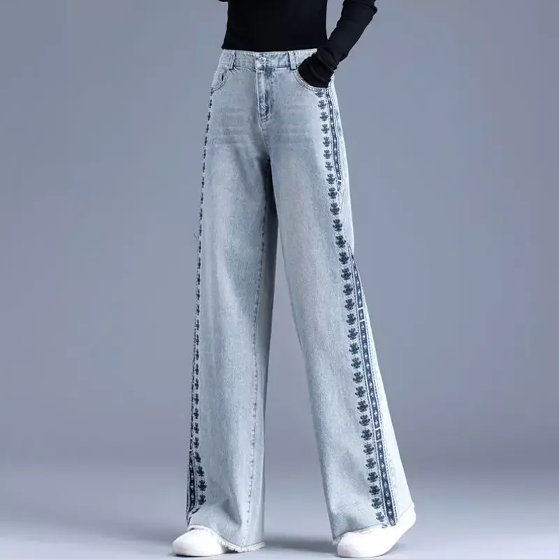 Wide Leg Denim Women's Embroidery 2023 Summer New High Waisted Mop Pants Loose and Slim Straight Casual Pants Versatile