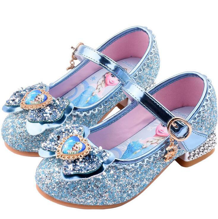 MINISO-Sapato infantil de couro laço, sapato Princess Elsa, desenho animado Frozen, salto alto, casual, meninas, novo