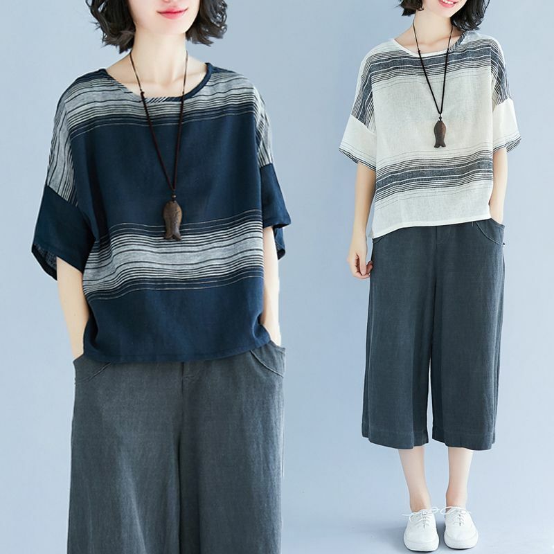 느슨한 비대칭 배트윙 소매 줄무늬 블라우스, 오버사이즈 캐주얼 상의, 불규칙 셔츠, 여성 의류, 2024 여름 신상 패션