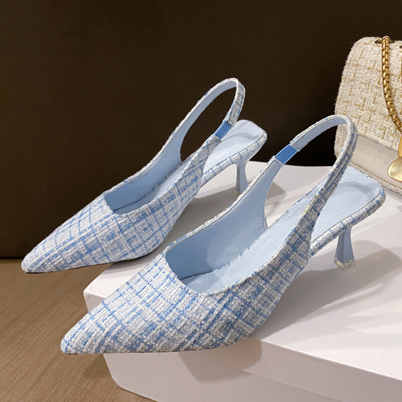أحذية نسائية ذات كعب عال تصميم أصلي أحذية نسائية باللون الأزرق بمقدمة مدببة للحفلات لصيف 2023 صنادل نسائية بكعب رفيع