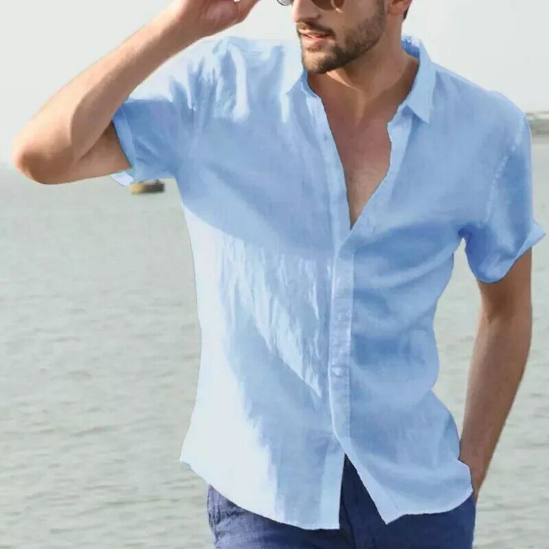 Men's Blouse Cotton Linen Shirts Casual Solid Summer Beach Formal Blouse Tees Spring Autumn Summer Handsome Men Tops