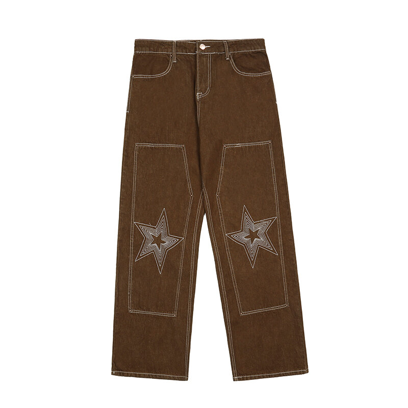 Pantalones vaqueros rasgados para hombre, ropa de calle recta, holgada, estilo Retro, Harajuku, bordado de letras y estrellas