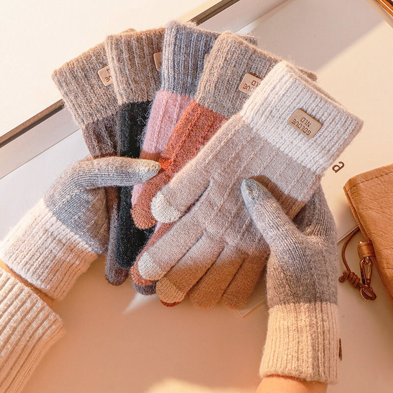 Luvas de caxemira tricotadas para homens e mulheres, tela sensível ao toque, anticongelamento, mais velo, espessadas, quentes, ao ar livre, outono, inverno