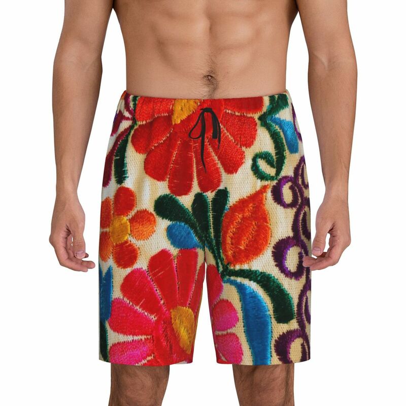 Shorts de pijama masculino com bolsos, calças de pijama dormem pijamas curtos, estampados personalizados, pôster de flores do México