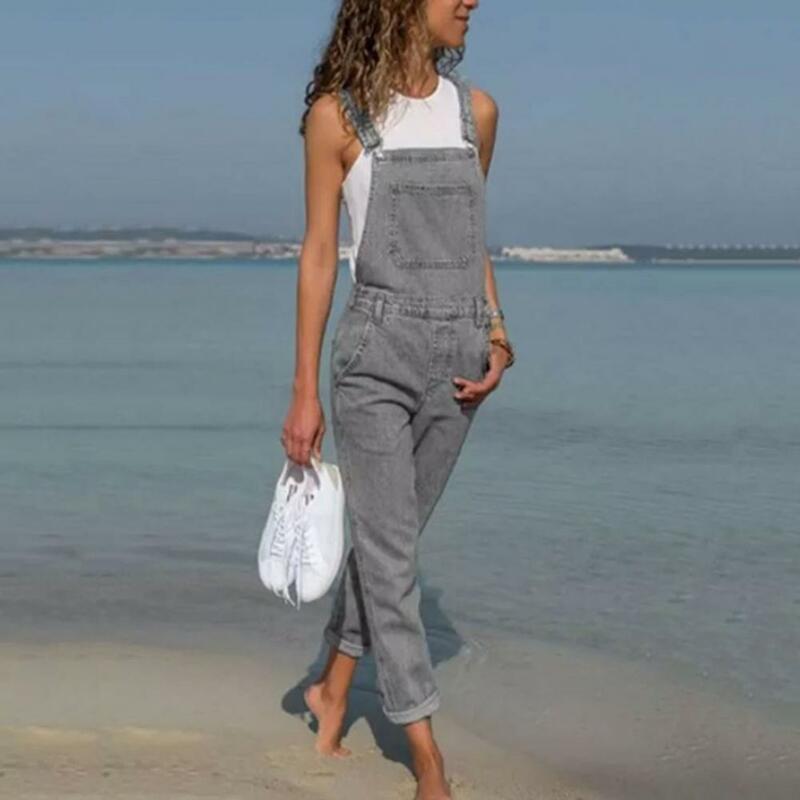 Baju kodok Denim wanita, Jumpsuit Denim saku samping warna Solid tali dapat disesuaikan ukuran besar longgar tanpa punggung persegi leher terbuka