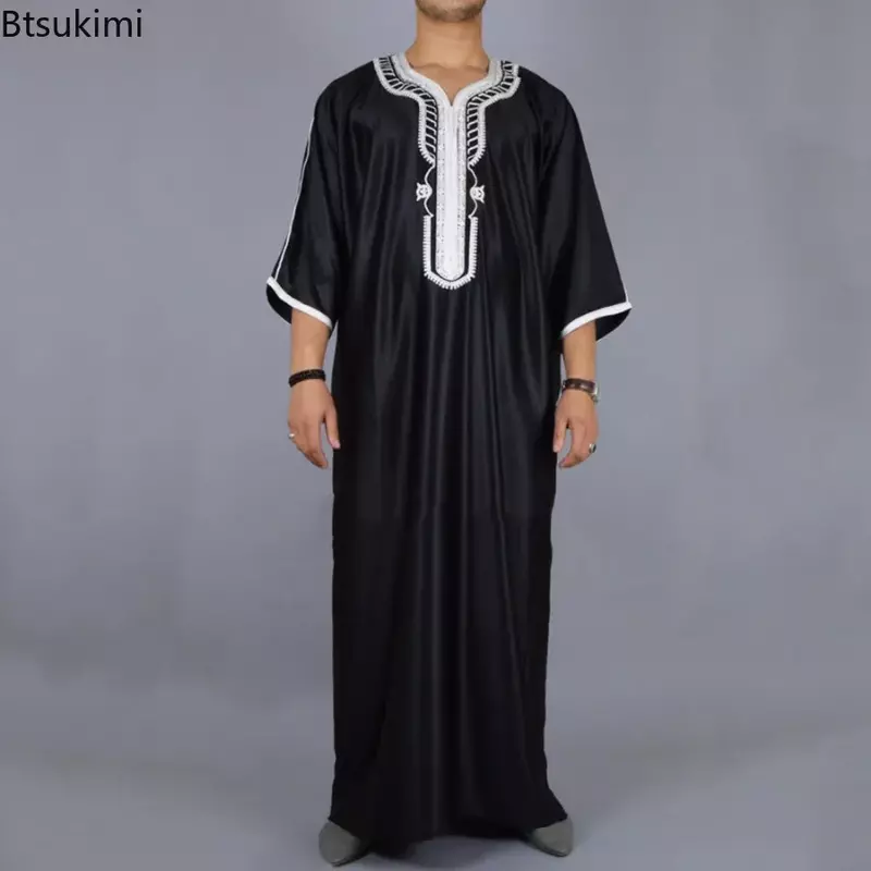 Новинка 2024, мусульманская одежда, мужской халат, кафтан, мусульманский, Марокканское повседневное длинное платье, арабский халат в полоску, Национальный костюм Ближнего Востока