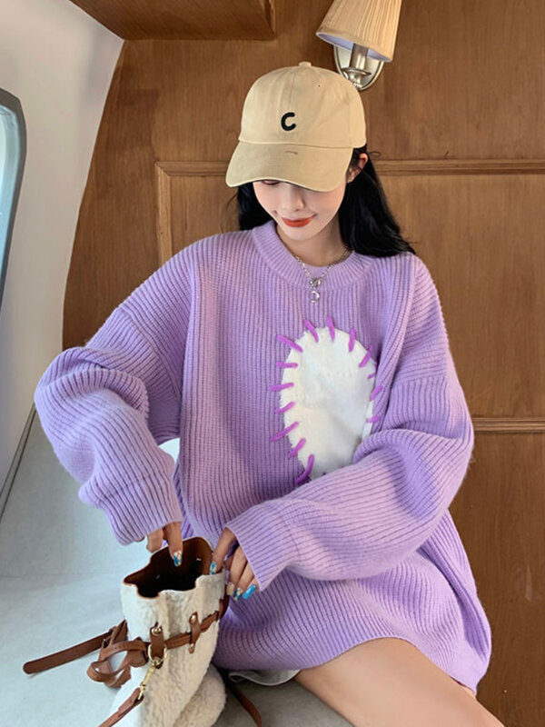 Deeptown maglione con stampa a cuore in stile giapponese donna Harajuku maglione lavorato a maglia Vintage Pullover allentato tutto-fiammifero top per ragazze dolci