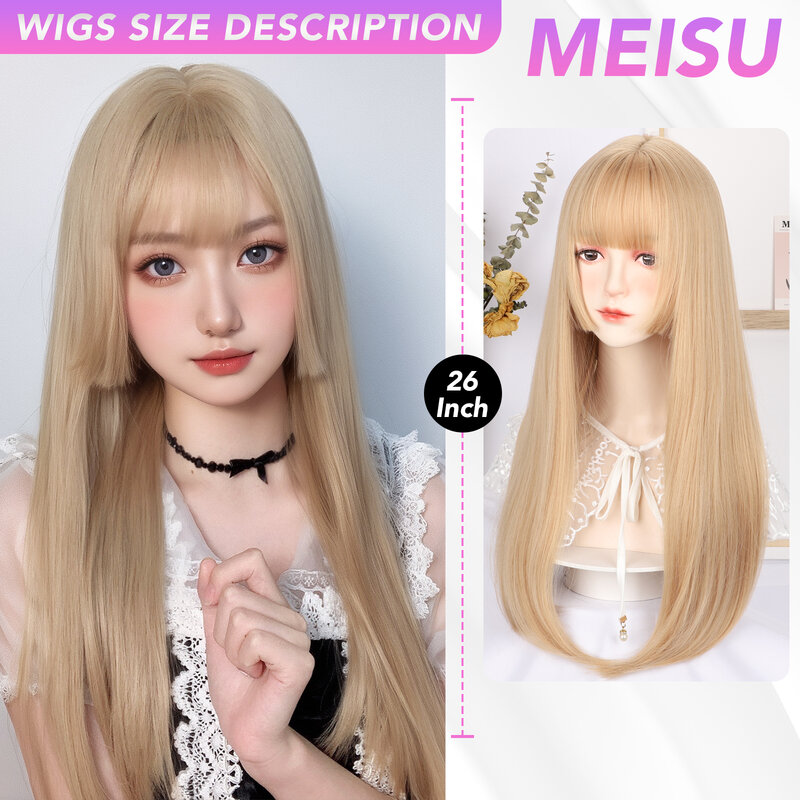 MEISU Gold peruka z długich prostych włosów Princess grzywka 26 włókna Cal syntetyczne żaroodporne słodkie i naturalne przyjęcie lub Selfie dla kobiet