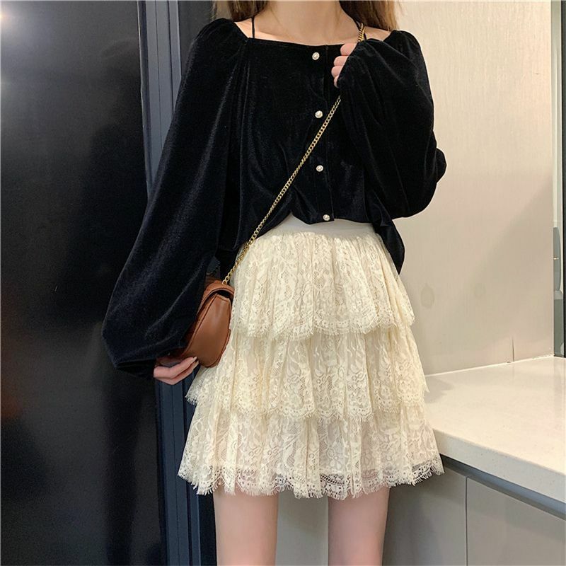 Кружевная элегантная женская мини-юбка Deeptown, плиссированная короткая юбка из фатина, милая многослойная корейская мода, милая однотонная повседневная юбка