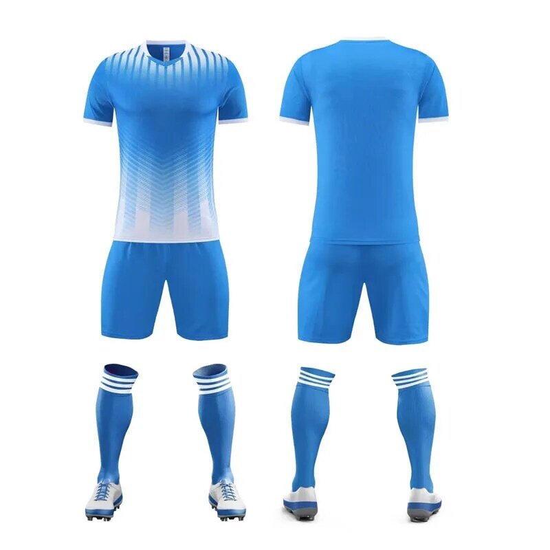 Ropa de fútbol de marca de verano, camiseta de manga corta personalizada, conjunto de pantalones cortos, modelo 2215, azul, rojo y blanco, 23-24