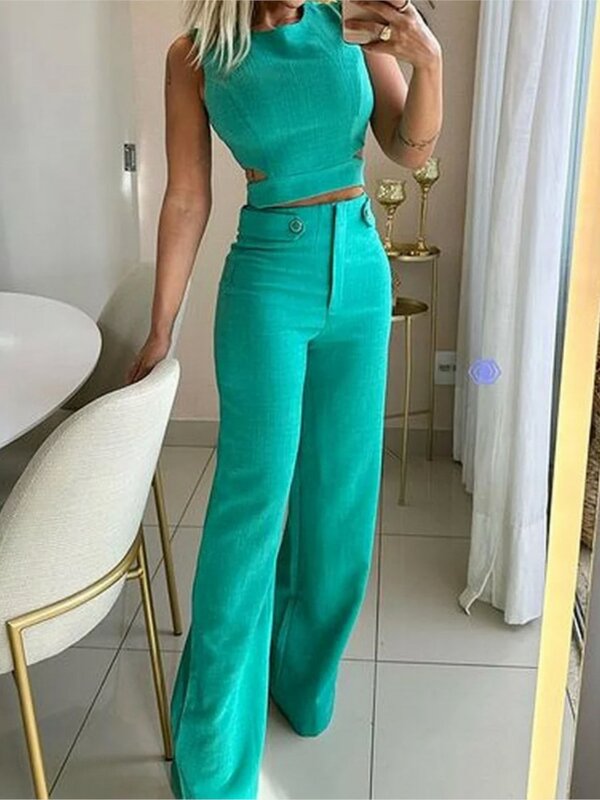 Women Sleeveless Slim Two Piece Set 2023 Summer New Pant Sets Tight Hollow Out Cropped Top High Waist Long Pants Suits Commuting