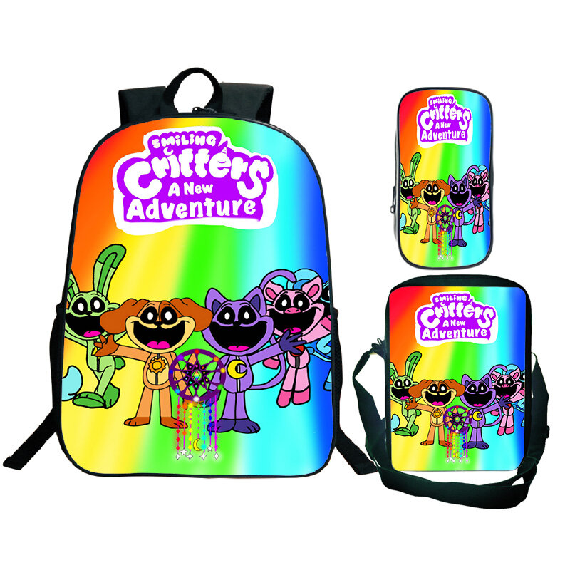 3D Game Smiling Critters Backpack Waterproof Shoulder Bag Pen Bag Student Anime Backpack 3Pcs Set Mochila Children's Schoolbag