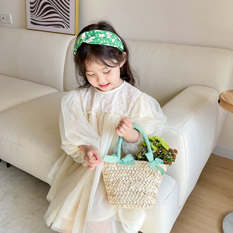 Korean Style Children's Handbag Sweet With Bowknot Small Basket Beach Bag Straw Woven Handmade Outting Bags Kids