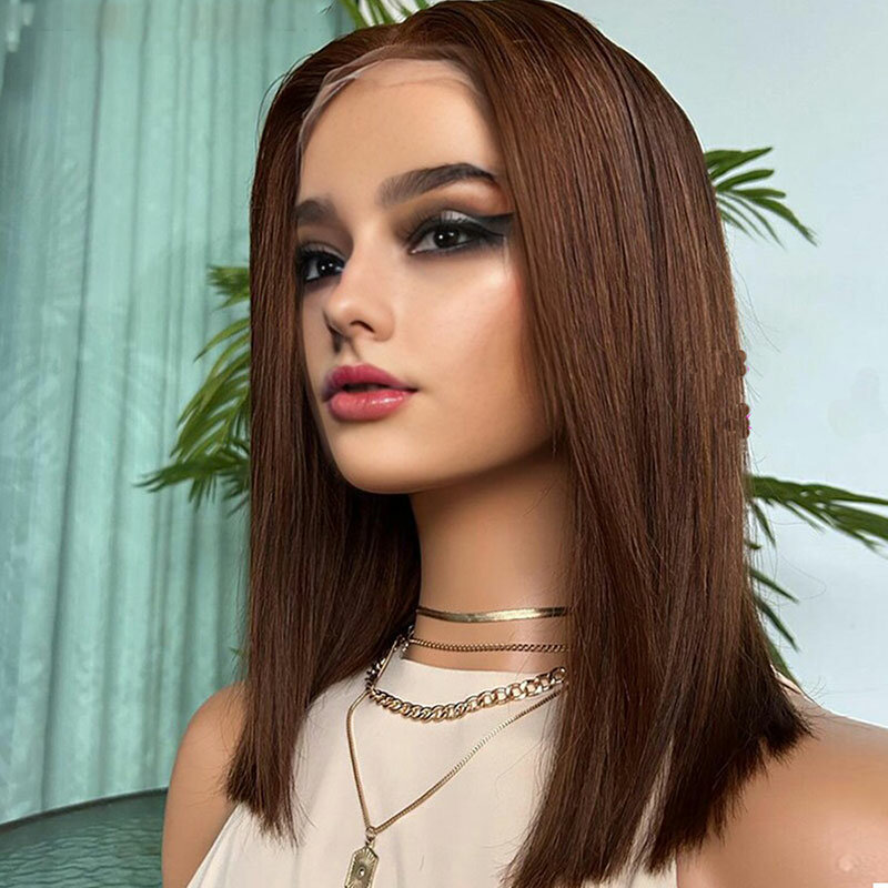 Dark Brown Synthetic 13X4 Lace Front Wigs Short Bob Glueless Heat Resistant Fiber Natural Hairline Middle Parting For Women Wigs