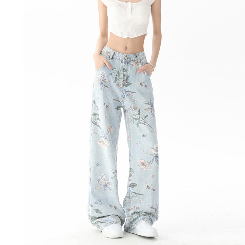 Calça jeans reta de cintura alta com estampa floral vintage feminina, calças largas jeans largas, azul de rua alta, moda coreana, Y2K