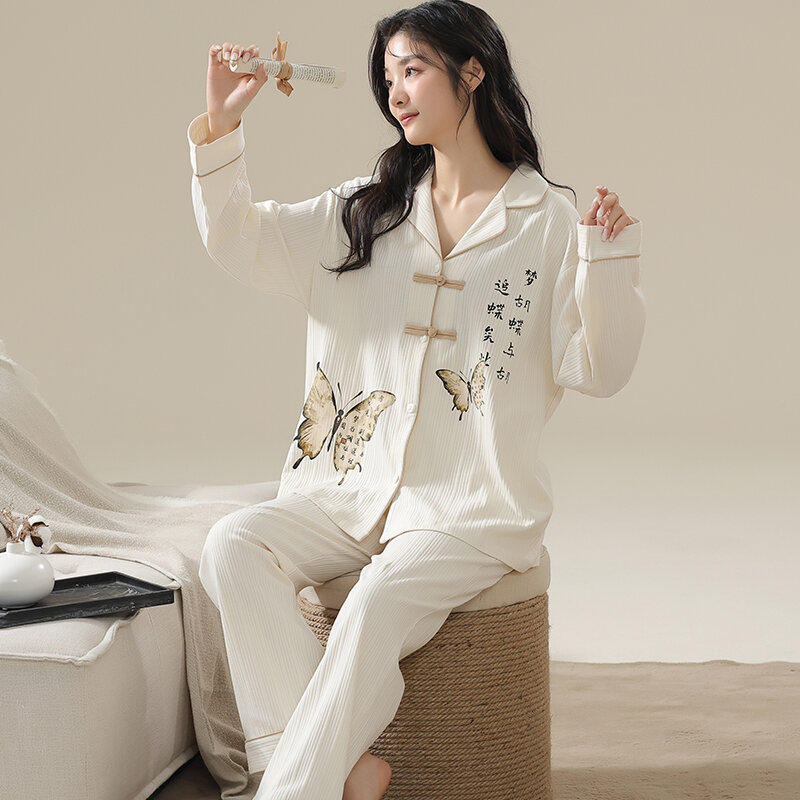 Frühling und Herbst Frauen Pyjamas Set gestrickte Cotoon Pyjama weibliche Langarm Nachtwäsche Mädchen Homewear