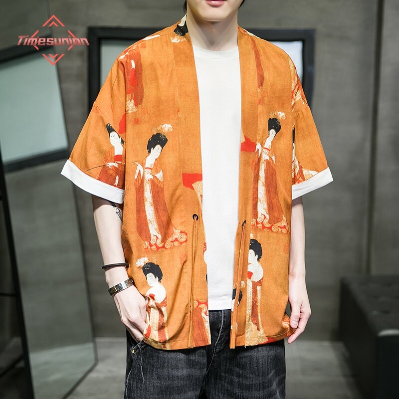 Moda Traje Pintura Chinesa Hanfu Mens Estilo Chinês Robe Cardigan Jacket Oversized Kimono 5XL Casaco Antigo Masculino