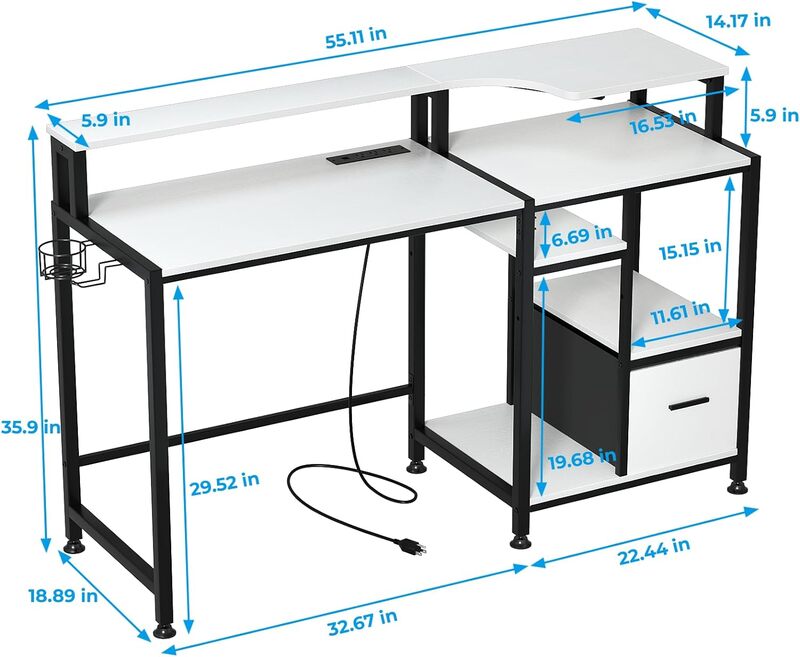 Biurko komputerowe GreenForest z szufladami i listwa sieciowa, 55-calowy biurko z podstawa monitora na półkę do drukarki, biurko z Cu