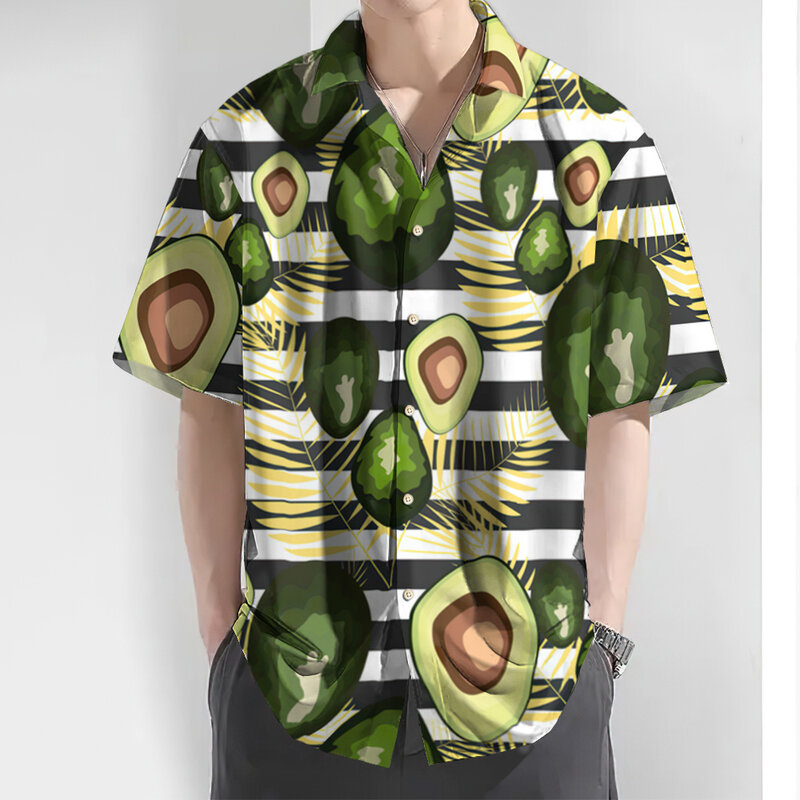 قميص رجالي مخطط مطبوع عليه فاكهة ، كم قصير ، كبير الحجم ، كاجوال ، هاواي ، عالي الجودة ، ملابس رجالية ، يومية ، جديدة