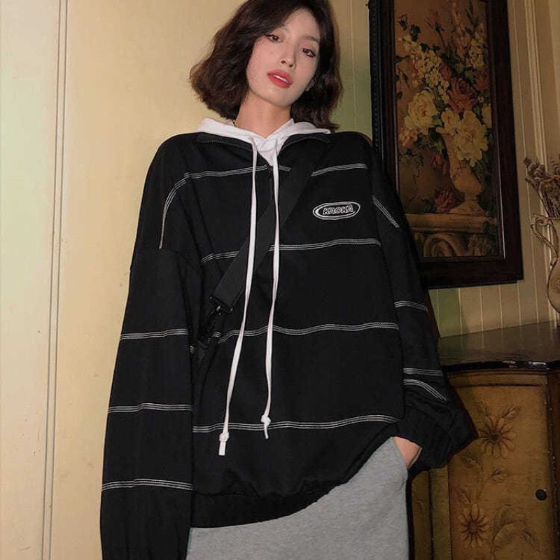 Fashion Streetwear Striped Hoodie Harajuku Black Sweatshirt Women Korean Vintage Hip Hop Pullover Aesthetic Oversized