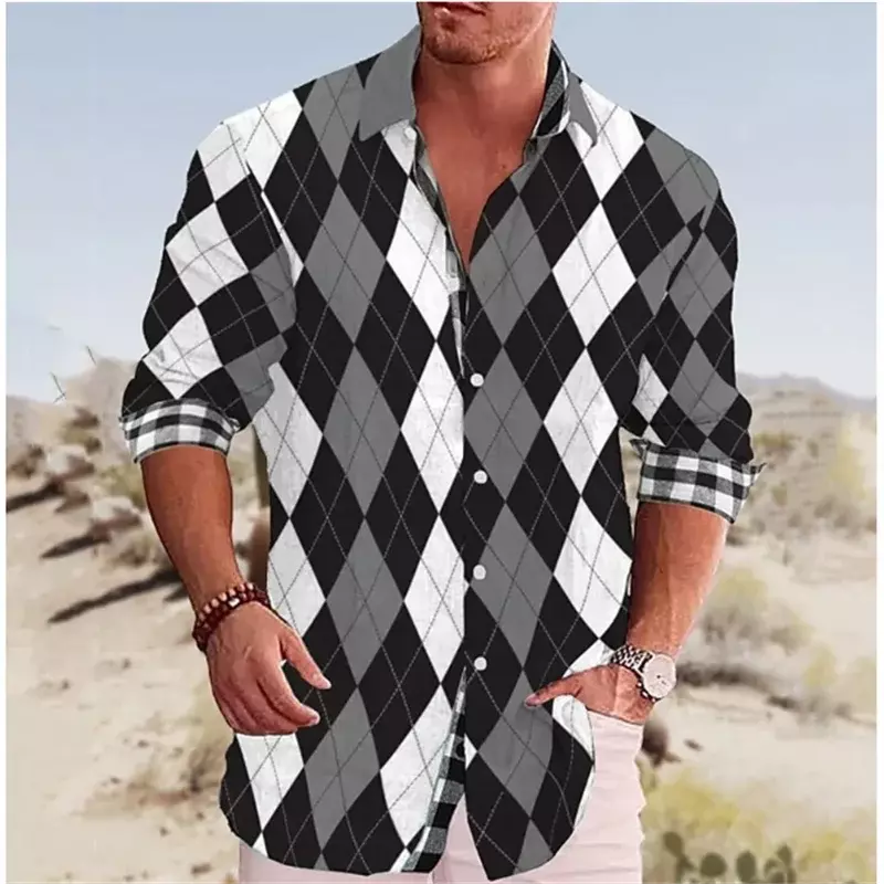 Camisa xadrez masculina de costura casual, macio e confortável losango, preto, branco, design de designer rosa, tamanho grande