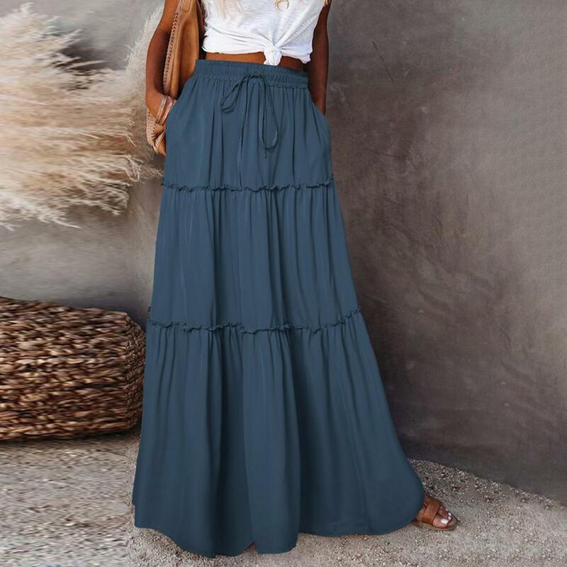 Falda larga con cintura elástica para mujer, falda larga de Color liso con volantes y costuras, estilo bohemio, para fiesta y vacaciones