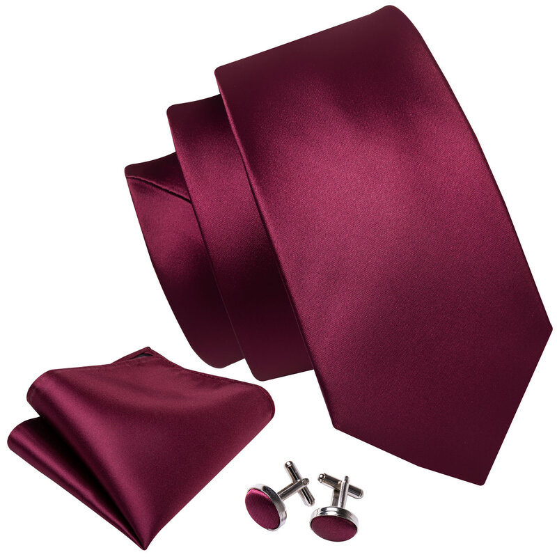 Burgundy Solid Silk Mens Tie Pocket Square Cufflinks Set Smooth Plain Necktie Cravat For Male Wedding Business Party Barry.Wang