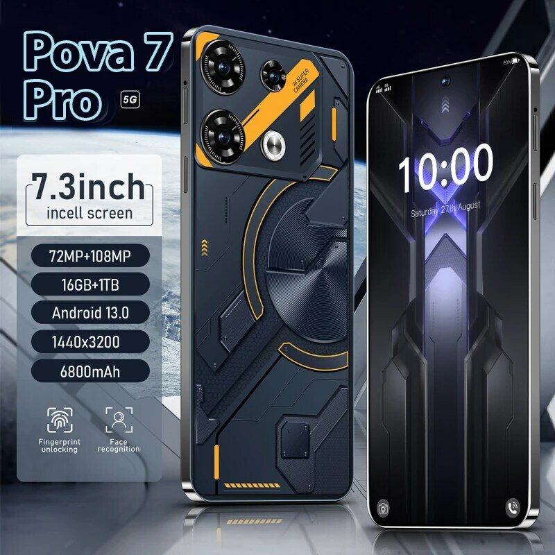 Ponsel pintar Pova 7 Pro, HP 5G/4G 7.3 layar HD 16G + 1T 6800Mah 72MP OTG Android13 Dual SIM pembuka kunci muka
