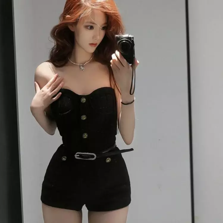 Women's High-Waisted Jumpsuit Shorts Summer Golden Button Deco Single-breasted Slim Wide Leg Pants Femal Street Clothing