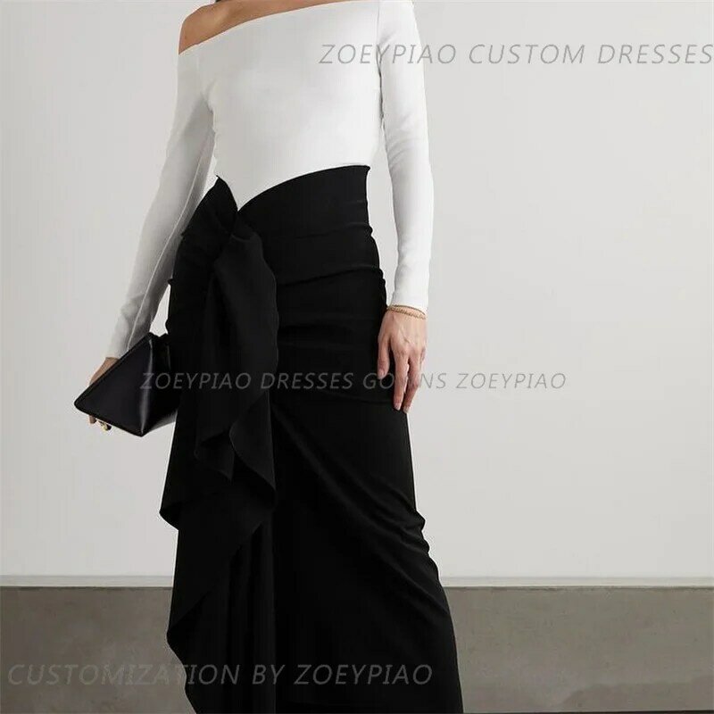 Elegant Short Black White Evening Dresses Bodycon Full Sleeves Pleated Prom Dress Casual Satin Formal Bride Party Gowns