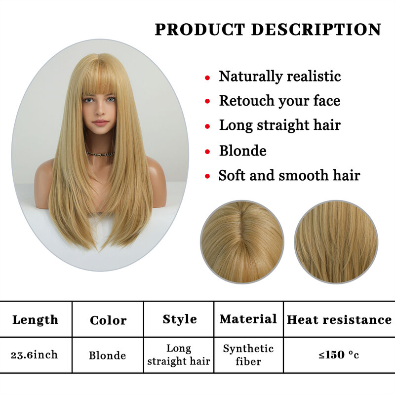 Blonde Long Straight Hair Wig Women Wig with Bangs Heat Resistant Synthetic Wig Halloween Cosplay Daily Natural Fake Hair