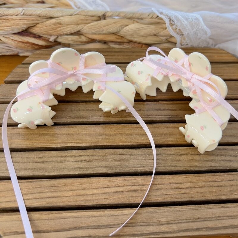 Acrylic Hair Claw Korean Flowers Ribbon Tie Bow Hair Clips Wave Grab Clip Girl