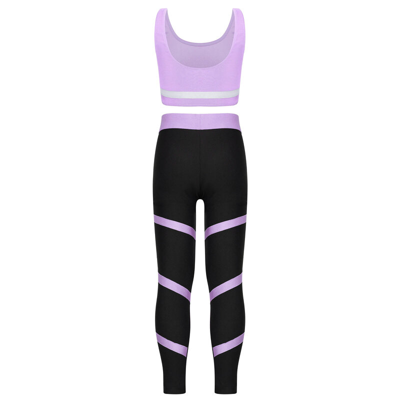 Kostum olahraga senam anak perempuan, atasan rompi atletik tanpa lengan dengan celana kurus elastis Gym olahraga Yoga
