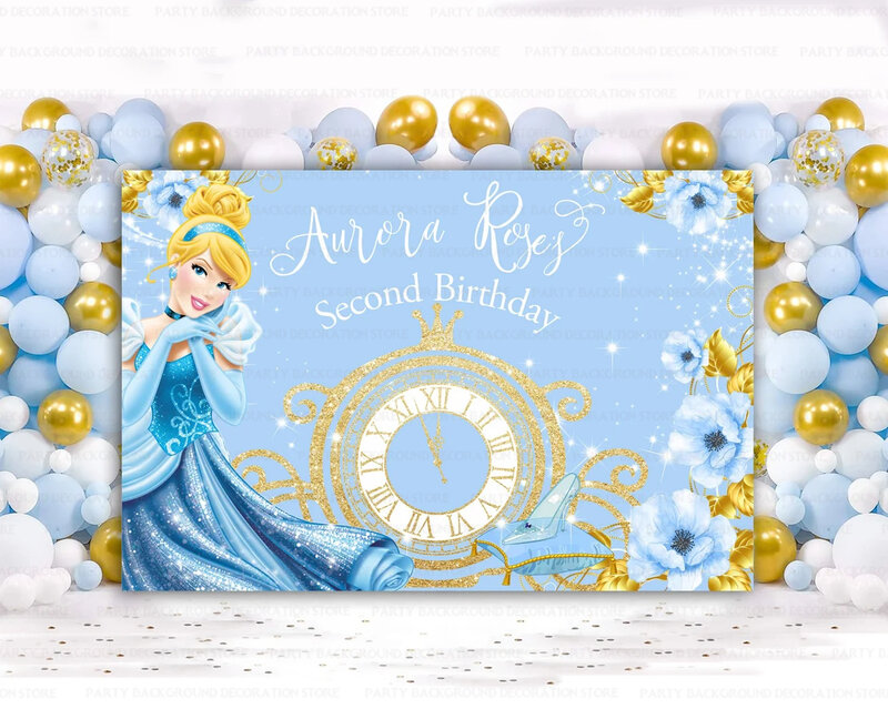 Disney Putri Cinderella latar belakang gaun biru indah dekorasi pesta ulang tahun anak perempuan spanduk latar belakang kustom Baby Shower Photocall