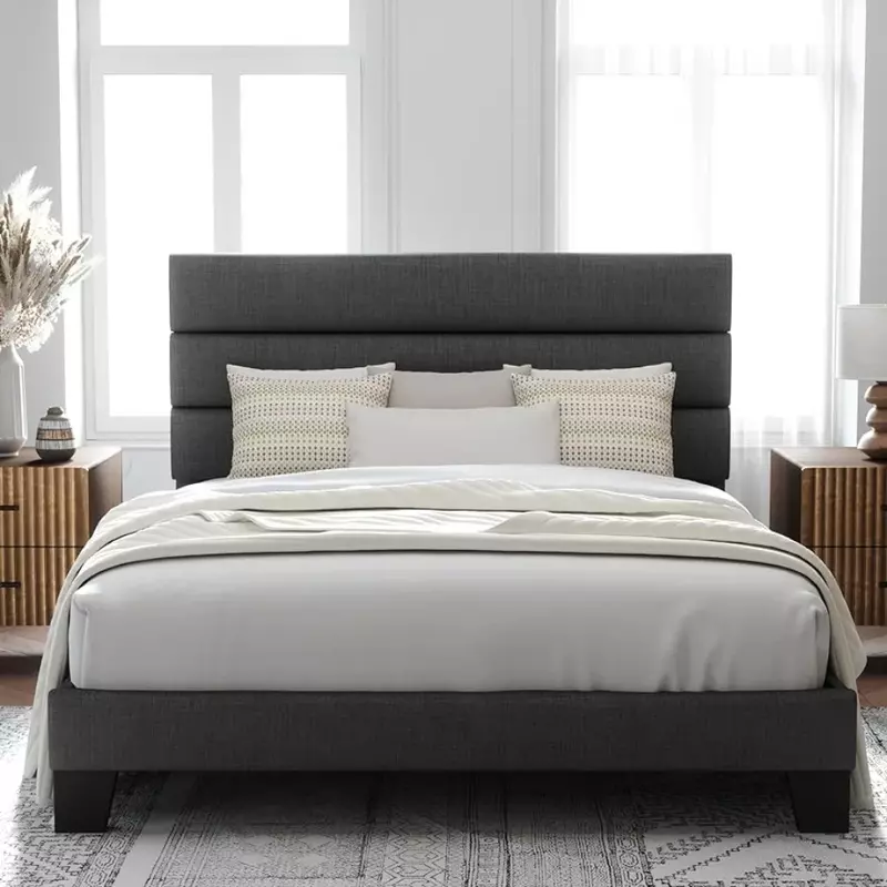 Queen Size Platform Bed Frame with Fabric Upholstered Headboard and Wooden Slats Support, Fully Upholstered Mattress