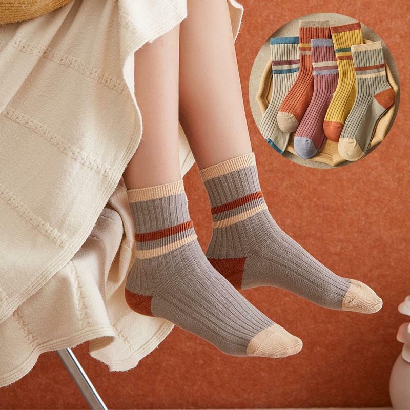 5 Pairs Fashion Women Socks Bar Stripes Middle Tube Breathable Sports Long School Socks Pack Calcetines Skarpetki Damskie