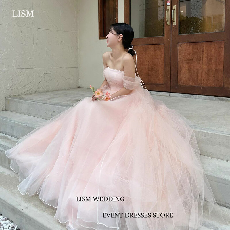 Lisme 2024 Blush Roze Off The Shoulder Korea Trouwjurk Eenvoudige Prinses Strapless Tule Vloerlange Fotoshoot Bruidsjurk