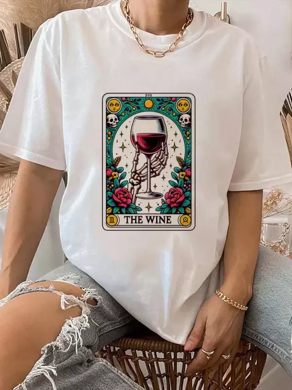 Das Wein neue Tarot Marke T-Shirt Damen bedruckte O-Ausschnitt kurz ärmel ige Top gedruckt lässig Stil gedruckt Cartoon Basic T-Shirt.